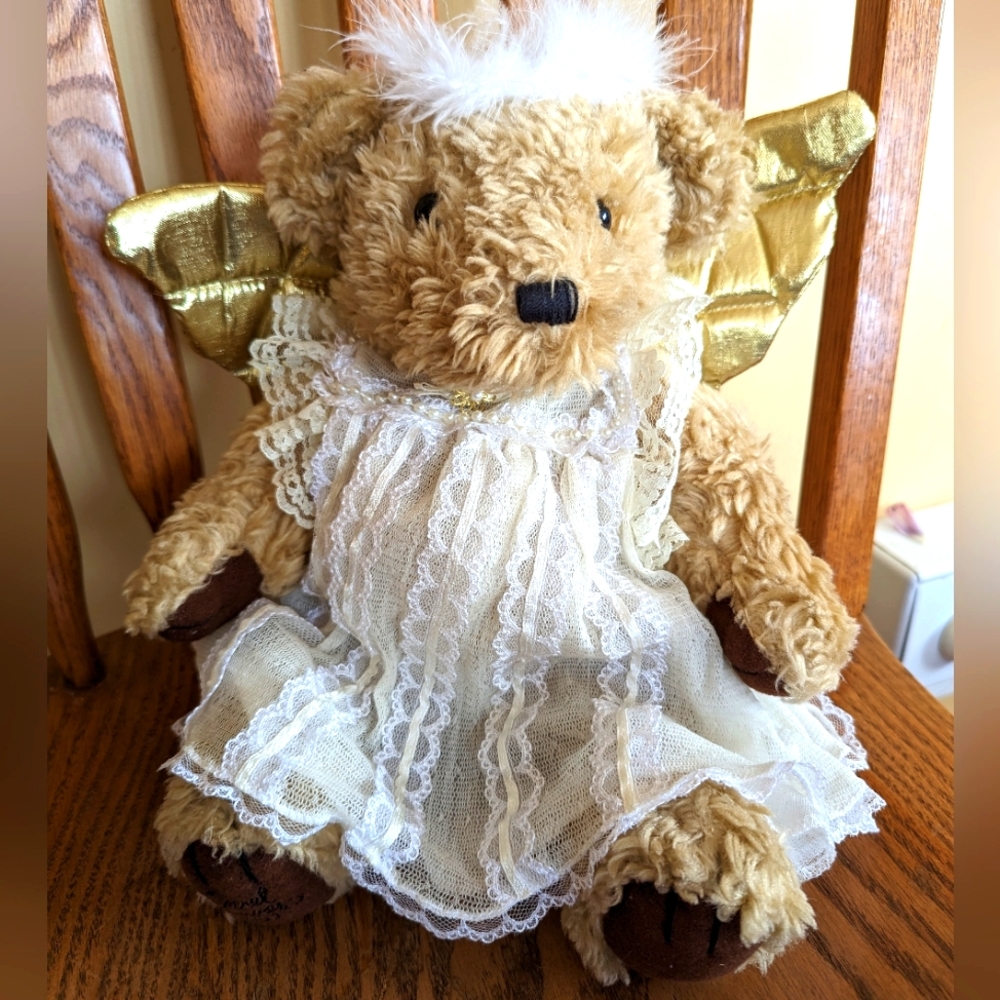 Vintage Angel Bear plush with gossamer dress and gold wings.
